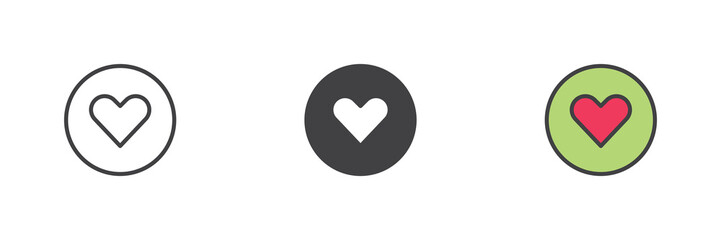 Aufkleber - Heart in circle icon set in line, solid and filled outline style