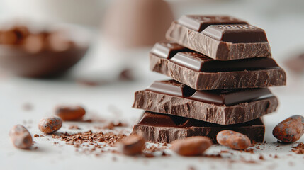 Aufkleber - Rich and indulgent, stack of dark chocolate pieces is surrounded by cocoa beans and shavings, creating tempting and luxurious scene. focus on texture and detail enhances allure