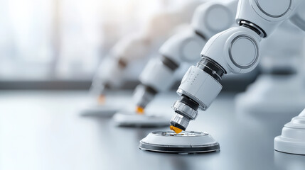 Poster - Row of robotic arms in laboratory setting demonstrates advanced engineering technology, focusing on precision and innovation. sleek design and metallic finish highlight modern automation
