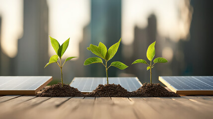 Poster - Three young plants grow in soil on rooftop garden with solar panels, symbolizing sustainable urban living and renewable energy. city skyline is blurred in background
