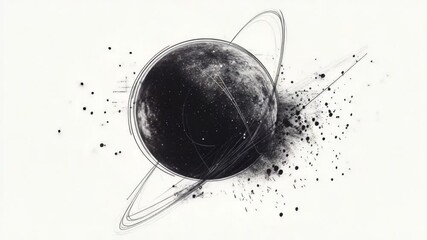 Poster - A detailed black and white illustration of a planet with craters, mountains, and clouds