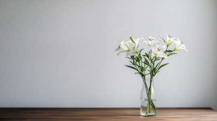 Aufkleber - Sleek modern vase with white lilies contrasts against minimalist background, creating serene and elegant atmosphere. wooden table adds warmth to composition