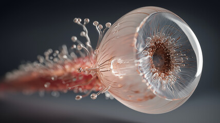 Poster - Detailed 3D model of bio organic structure with intricate tendrils and translucent surface, resembling microscopic organism or cellular structure, set against dark background