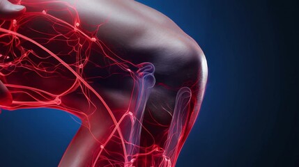 Poster - Futuristic Digital Illustration of Human Knee Joint Anatomy Highlighted Veins, Bones, and Muscles Indicating Pain or Injury in Medical Visualization