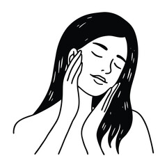 Poster - Elegant line art illustration of a delicate feminine hand gently touching its face conveying grace and beauty in a minimalist style