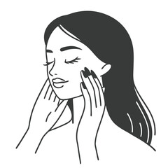 Poster - Elegant line art illustration of a delicate feminine hand gently touching its face conveying grace and beauty in a minimalist style