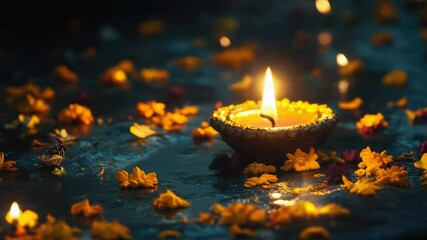 Poster - A single lit candle surrounded by a bouquet of yellow flowers on a table