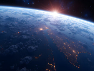 Wall Mural - beautiful scene looking down at the earth from space, blue technological earth against the backgroun