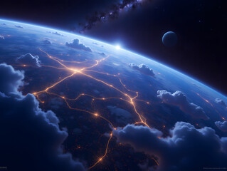 Wall Mural - beautiful scene looking down at the earth from space, blue technological earth against the backgroun
