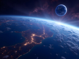 Wall Mural - beautiful scene looking down at the earth from space, blue technological earth against the backgroun