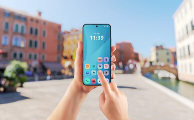 Aufkleber - Smartphone app interface used outdoors on sunny day, perfect for travel, lifestyle or navigation apps