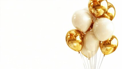 Poster - A cluster of shiny gold and white balloons floating in mid-air, perfect for celebrating birthdays, weddings, or corporate events