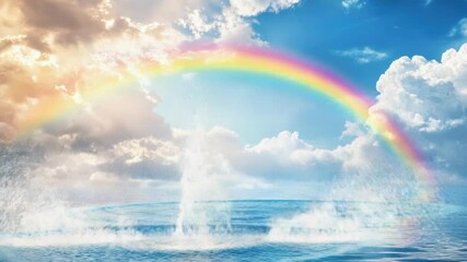 Poster - A dolphin jumping out of the water with a colorful rainbow in the background