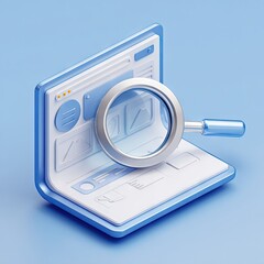Isometric 3D rendering of a website page being magnified by a large magnifying glass on a light blue background