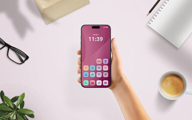 Poster - Pastel mobile UI in cozy desk environment promotes personal productivity and intuitive smartphone app usage