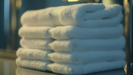 Poster - A stack of white towels on a countertop, perfect for use in bathroom or kitchen settings