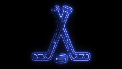 Poster - Animated neon hockey sticks and puck glowing against a black background for sports and entertainment