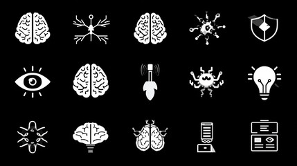 Poster - White icons depicting ai, technology, and intelligence on a black background