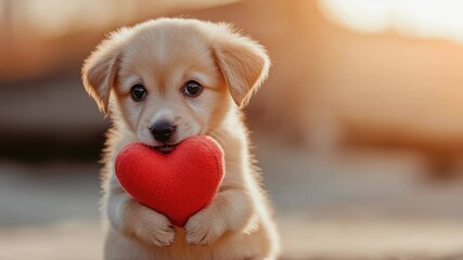 Poster - A puppy holding a red heart in its paws, perfect for Valentine's Day or any romantic occasion