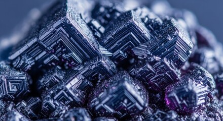Poster - Close-up view of a dark, crystalline mineral structure exhibiting intricate geometric facets and a purplish hue.