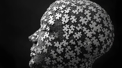 Poster - A simple yet striking image of a human head formed by interlocking puzzle pieces in shades of gray