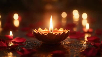Poster - A lit candle surrounded by delicate rose petals in a warm and cozy atmosphere