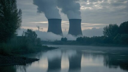 Aufkleber - Billowing smoke from industrial cooling towers along the bank of a river
