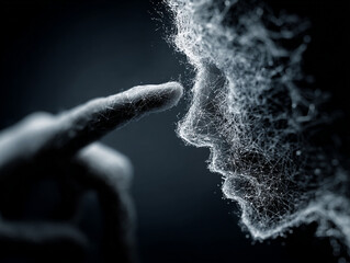 Poster - Finger touching digital face made of connected dots in a dark background art