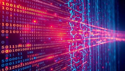 Abstract digital code matrix, glowing binary data stream, binary, abstract design
