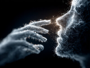 Poster - Abstract image showing a hand reaching towards a face made of light particles