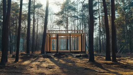 Poster - Cozy cabin surrounded by trees in a dense forest