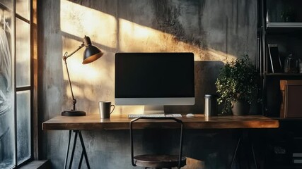 Poster - A desk with a computer and chair situated in front of a window, perfect for working or studying