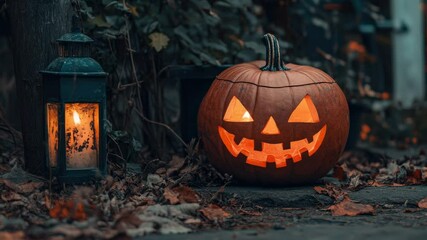 Aufkleber - A carved pumpkin sits next to a lit lantern, perfect for fall decorations or Halloween scenes