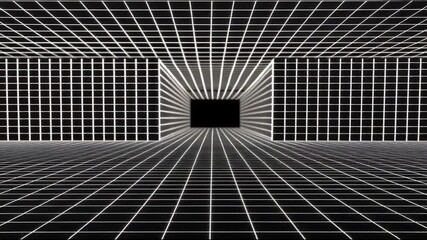 Poster - A black and white grid forms a three dimensional room creating an abstract geometric pattern
