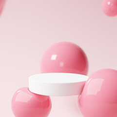 Fototapete - 3D Rendering. Modern White Cylindrical Product Display Stand with Pink Spheres on Pastel Background.