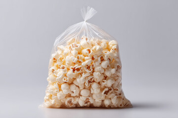 Poster - Freshly popped, buttery popcorn in a clear plastic bag, perfect for snacking during a movie or event. Ready for sharing!