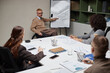 © Seventyfour - Caucasian man with disability presenting business strategy on whiteboard to diverse group of young adult women and men sitting around conference table during meeting