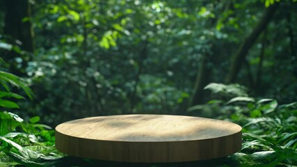 Poster - A wooden table in the midst of a dense forest, surrounded by trees and foliage