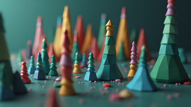Whimsical woodland scene featuring colorful geometric trees a miniature landscape of abstract shapes evokes a sense of playful imagination and creative design rendering a unique artistic display