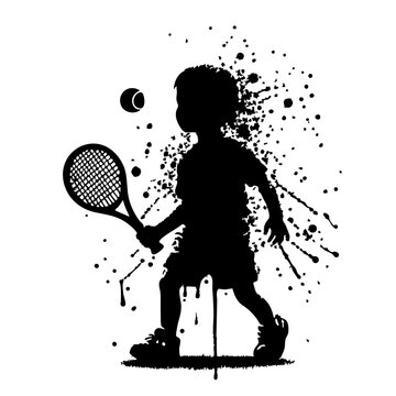 Tennis Kids player Silhouette Grunge Splatter and Dripping Spray Effects