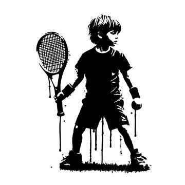 Tennis Kids player Silhouette Grunge Splatter and Dripping Spray Effects