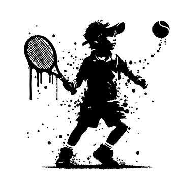 Tennis Kids player Silhouette Grunge Splatter and Dripping Spray Effects