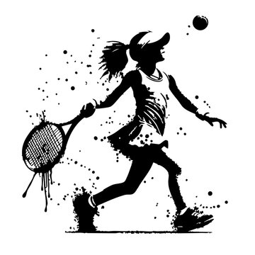 Tennis Kids player Silhouette Grunge Splatter and Dripping Spray Effects