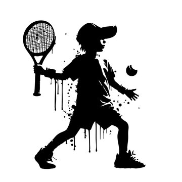 Tennis Kids player Silhouette Grunge Splatter and Dripping Spray Effects