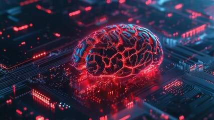 Poster - A computer circuit board with a glowing brain component, suitable for tech-related illustrations and designs