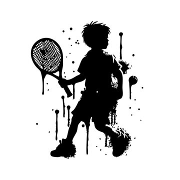 Tennis Kids player Silhouette Grunge Splatter and Dripping Spray Effects