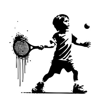 Tennis Kids player Silhouette Grunge Splatter and Dripping Spray Effects