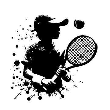 Tennis Kids player Silhouette Grunge Splatter and Dripping Spray Effects