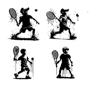 Tennis Kids player Silhouette Grunge Splatter and Dripping Spray Effects