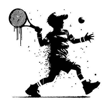 Tennis Kids player Silhouette Grunge Splatter and Dripping Spray Effects